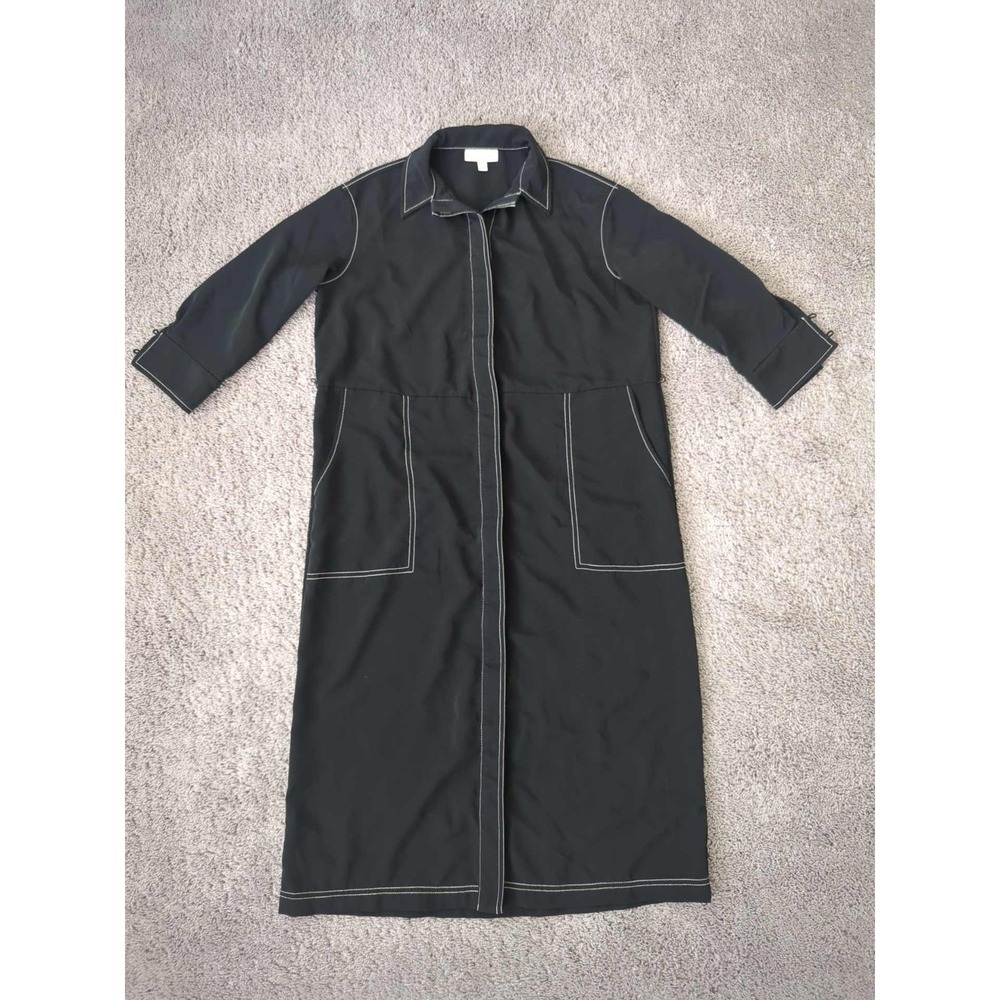 Prologue Shirt Dress Womens‎ XS Black Contrast Stitch Front Pockets Midi Dress